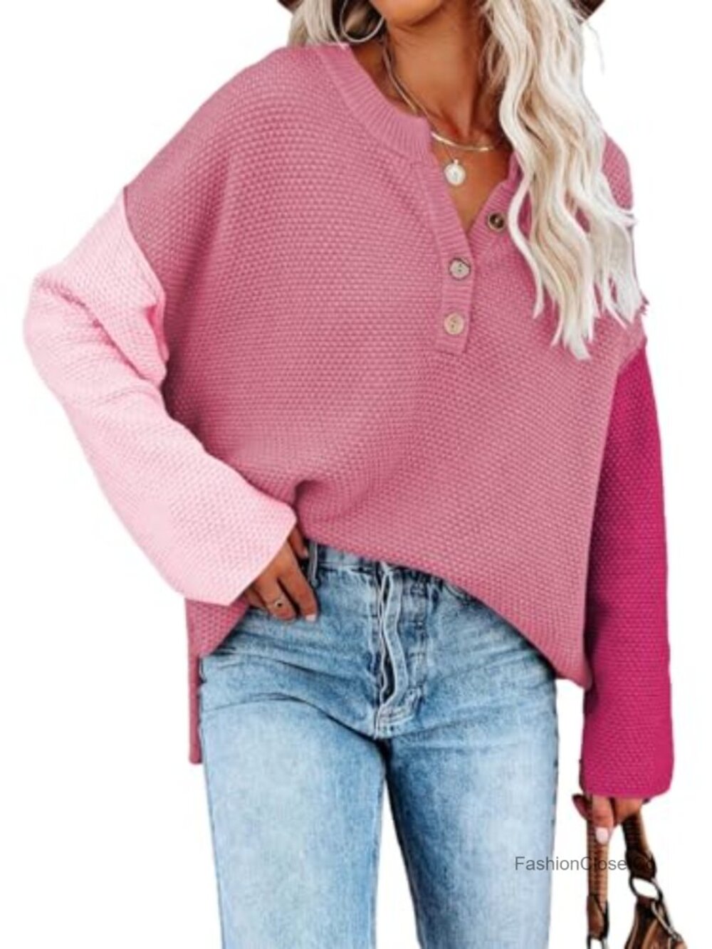 Women's Oversized V-Neck Batwing Sleeve Knit Sweater with Buttons